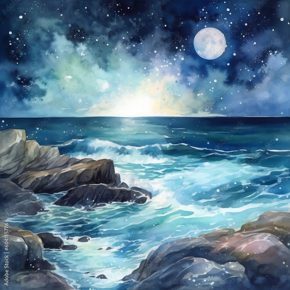 Rocky sea and moon
