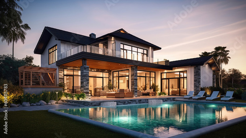 Beautiful Luxury Home with Swimming Pool at Sunset. Generative Ai © PRI