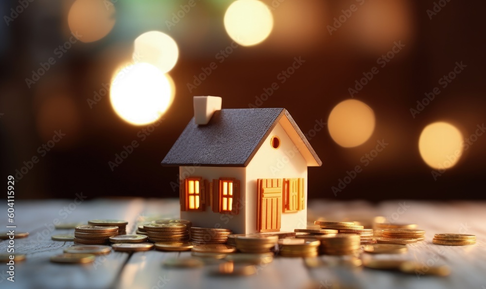 Small house and coins, property and finance concept, bokeh background. Generative AI Small house and coins, property and finance concept, bokeh background. Generative AI