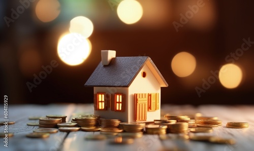 Small house and coins, property and finance concept, bokeh background. Generative AI