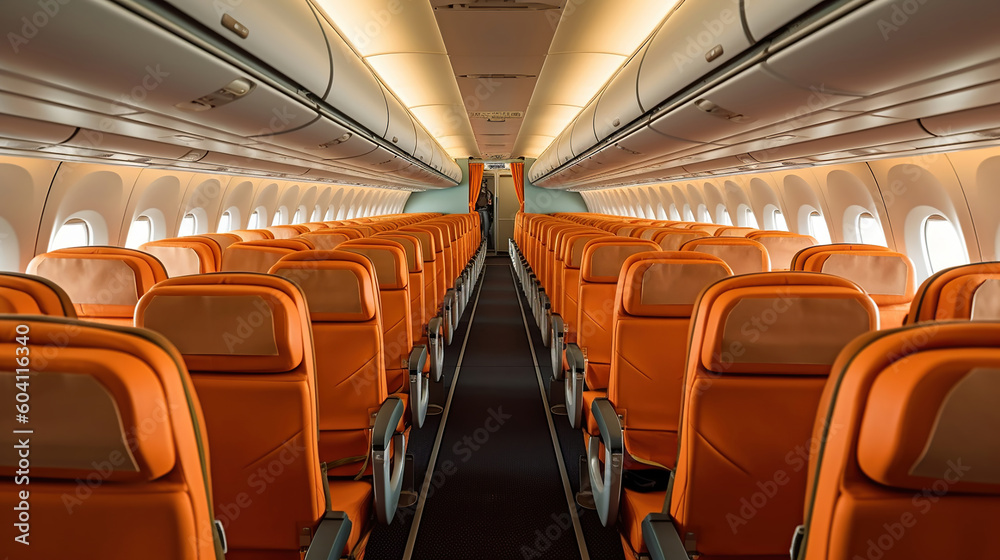 rows of seats in airplane. Generative Ai rows of seats in airplane. Generative Ai