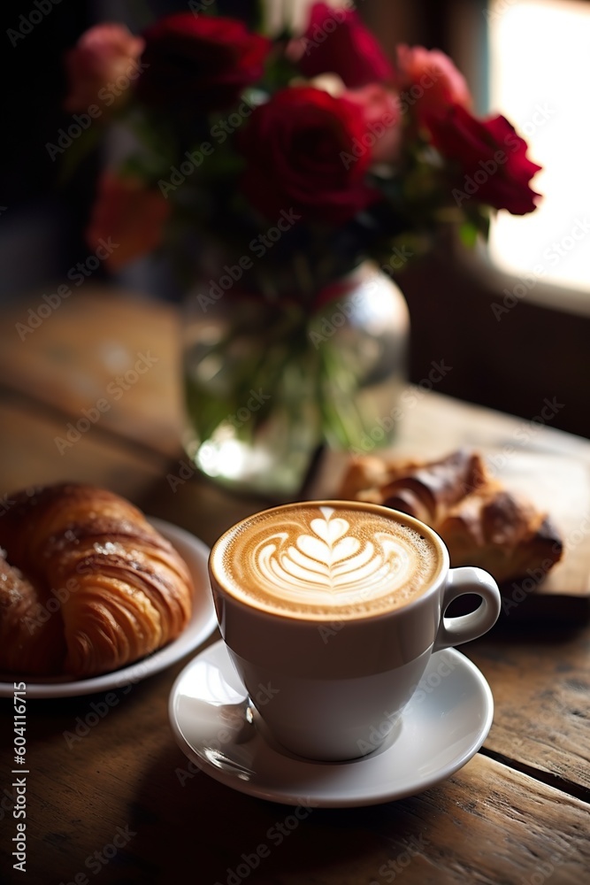 Cappuccino, Latte, Coffee in a Lovely Background, some Flower Colorful in the background slightly blurred. Generative AI. Cappuccino, Latte, Coffee in a Lovely Background, some Flower Colorful in the background slightly blurred. Generative AI.