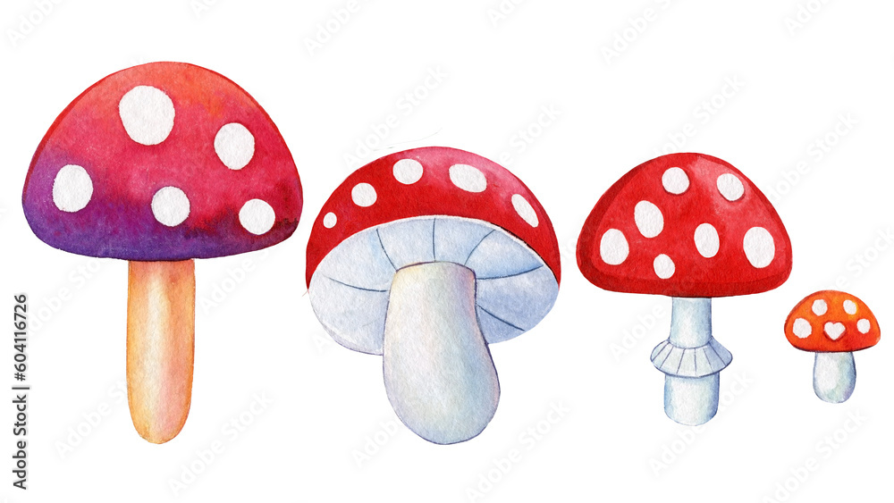 watercolor mushrooms set, fly agaric on a white background, bright drawing. Hippie retro 70-60s design elements