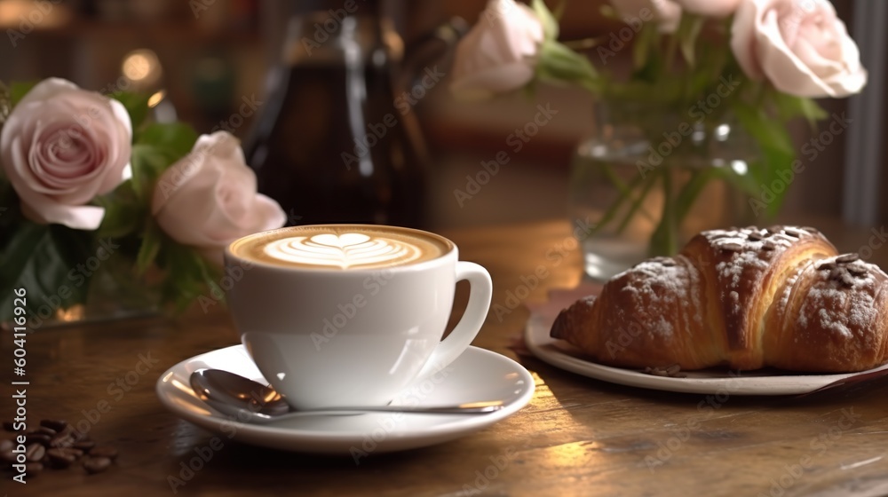 Cappuccino, Latte, Coffee in a Lovely Background, some Flower Colorful in the background slightly blurred. Generative AI. Cappuccino, Latte, Coffee in a Lovely Background, some Flower Colorful in the background slightly blurred. Generative AI.