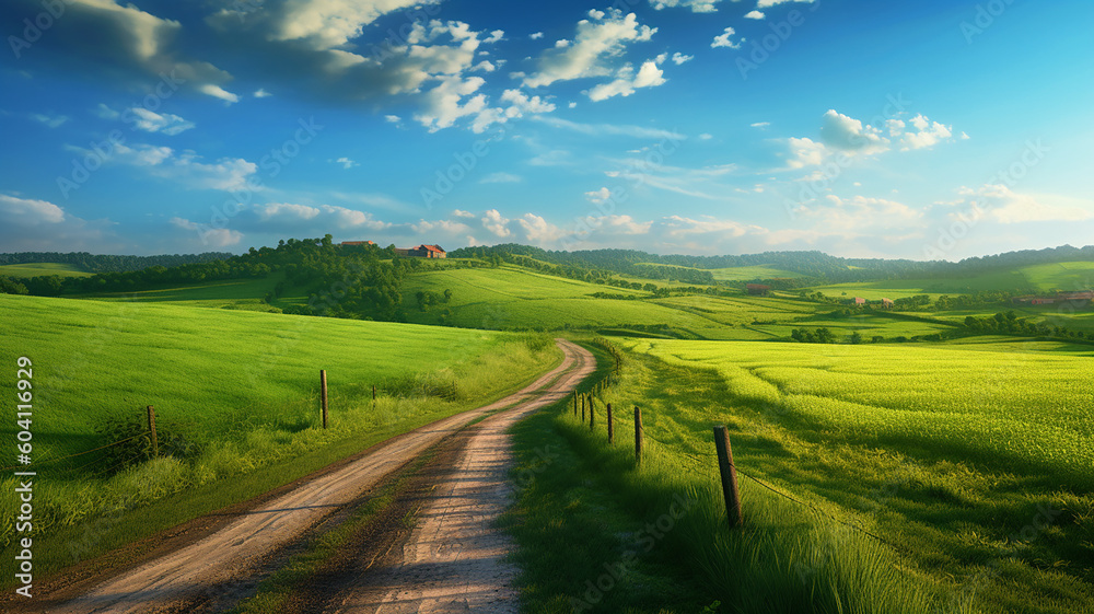 a country road surrounded by green fields, ai generative