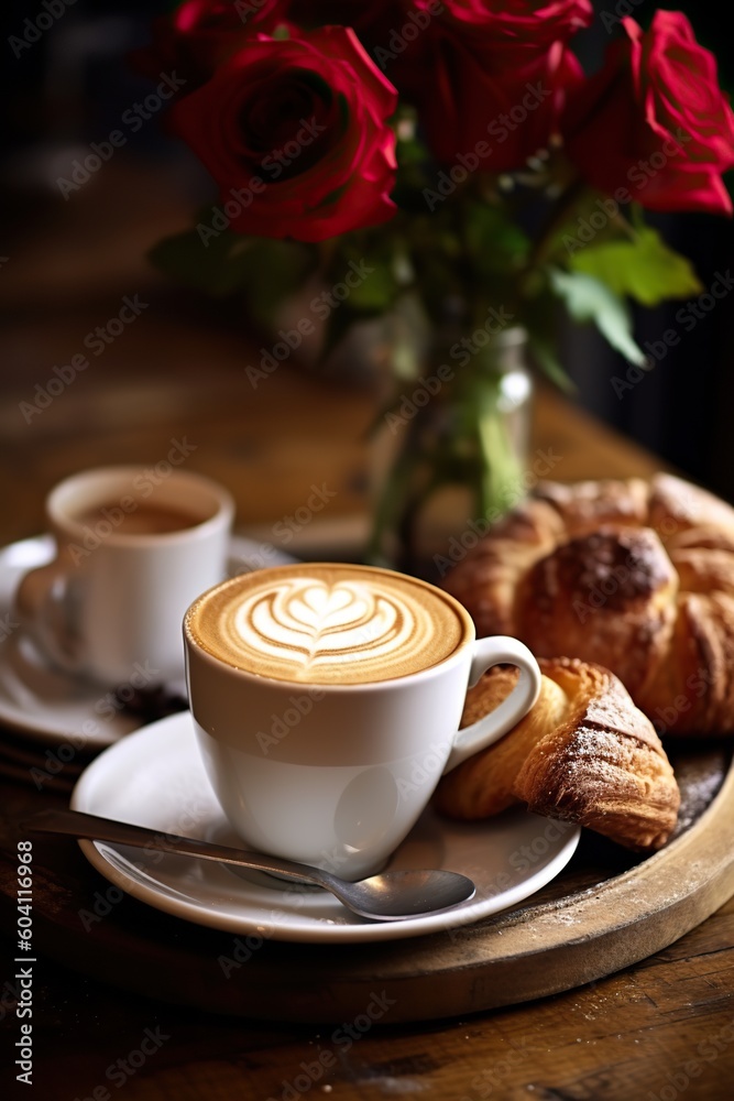 Cappuccino, Latte, Coffee in a Lovely Background, some Flower Colorful in the background slightly blurred. Generative AI. Cappuccino, Latte, Coffee in a Lovely Background, some Flower Colorful in the background slightly blurred. Generative AI.