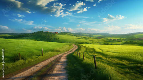 a country road surrounded by green fields, ai generative