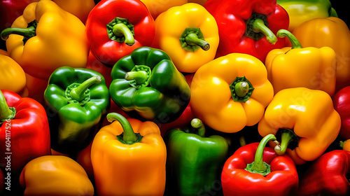 Close up photo of sweet peppers, yellow red and green
