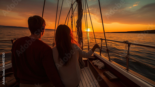 Couple enjoying sunset from the deck of the sailing boat moving in a sea. Generative Ai