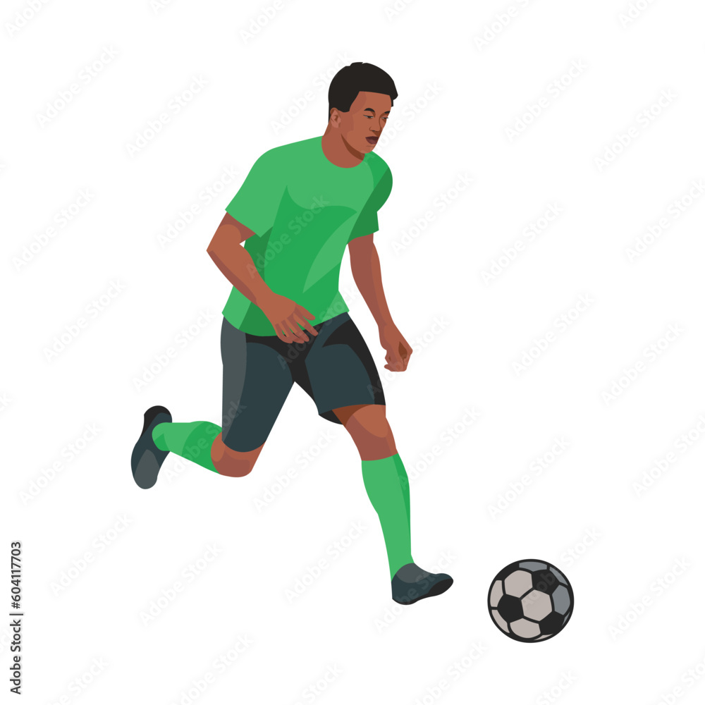 Nigerian football player is running with the ball on the field during a competition or a training session
