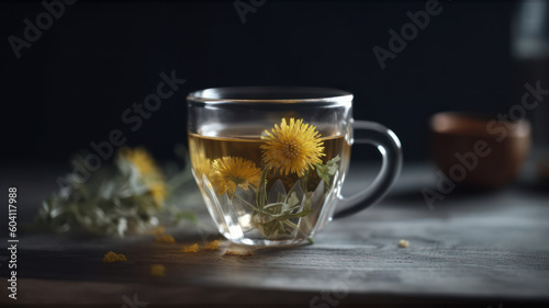 Board with glass cups of healthy dandelion tea on wooden background Generative AI