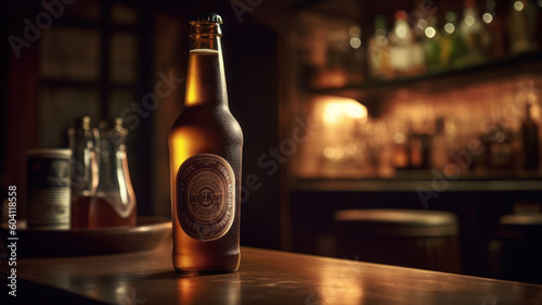 Still life with mug of chilled beer, beer cask hops and wheat ears on wooden table. Generative AI