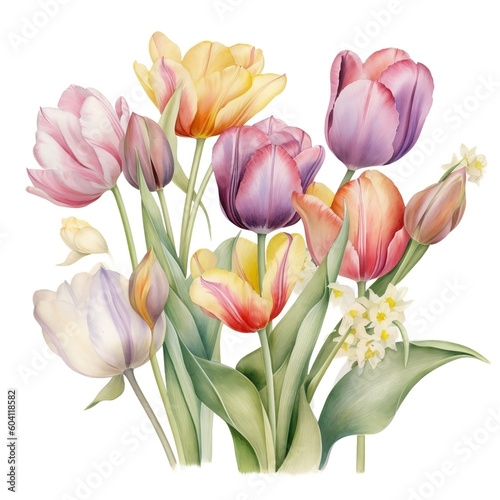 Tulip Bouquet Pastel Watercolor Clipart Illustration  made with generative AI