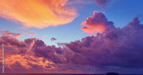 aerial view scene romantic sunset at Kata Noi beach Phuket. .abstract colorful clouds Sky texture in nature background..Sunset with bright colorful light rays and other atmospheric effects. photo