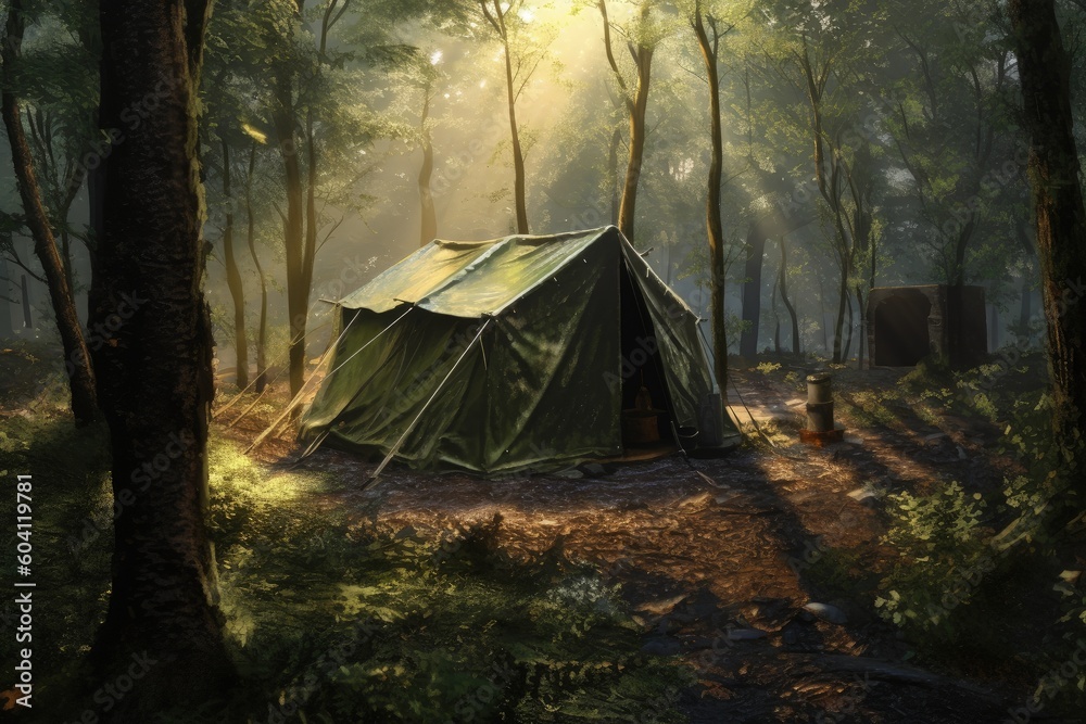 Landscape with camping tent in the forest, adventure and fun concept. Generative AI Landscape with camping tent in the forest, adventure and fun concept. Generative AI