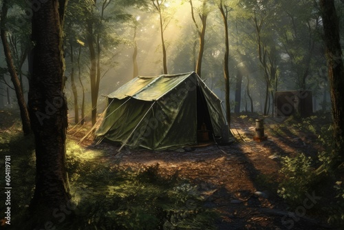 Landscape with camping tent in the forest, adventure and fun concept. Generative AI