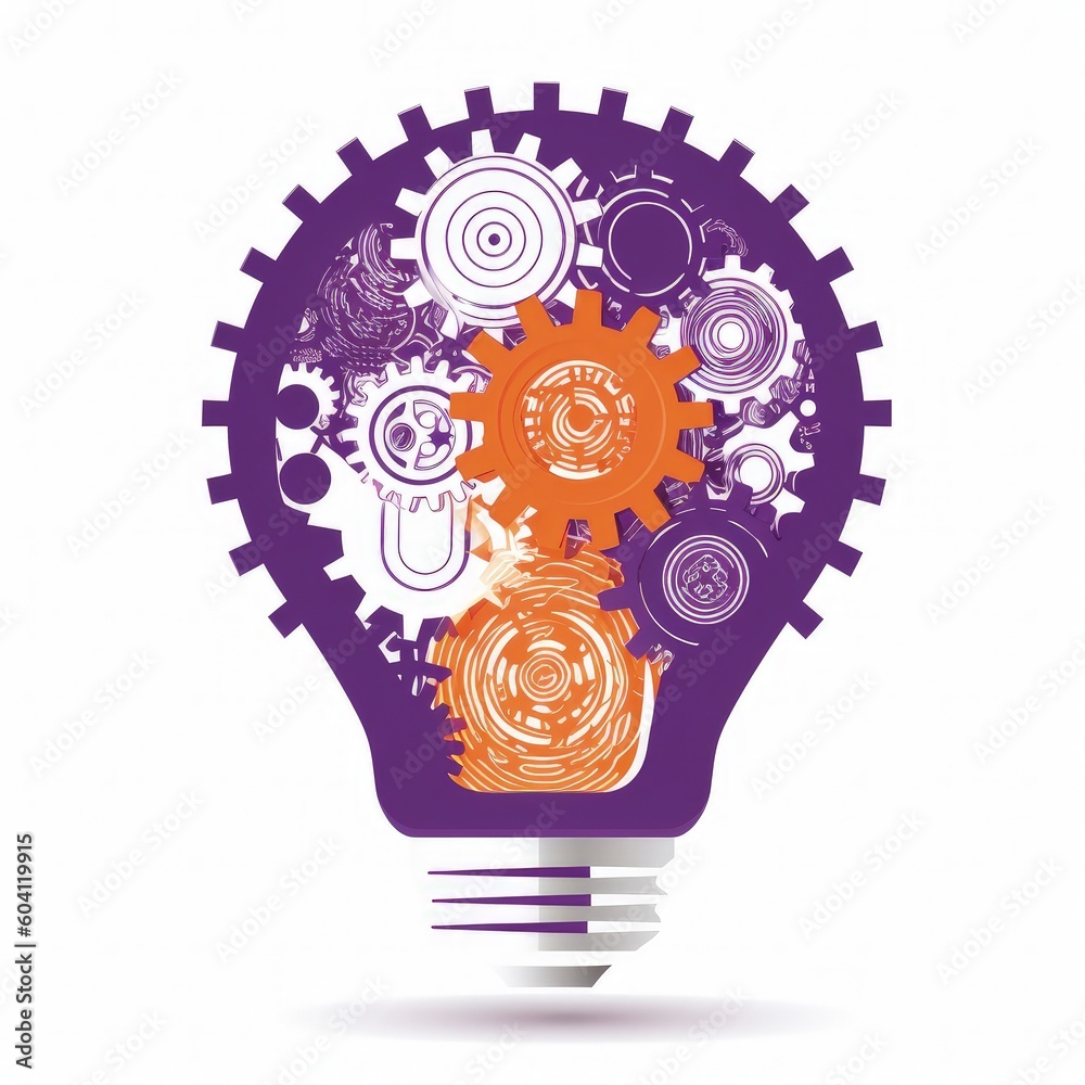 Illustration of light bulb with gears on white background, ingenuity concept. Generative AI Illustration of light bulb with gears on white background, ingenuity concept. Generative AI
