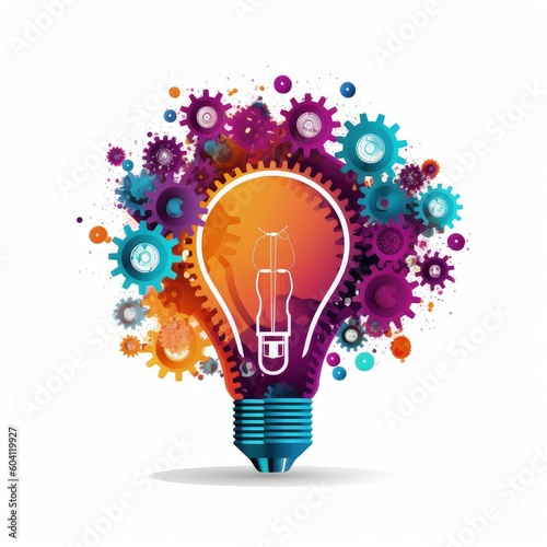 Illustration of light bulb with gears on white background, ingenuity concept. Generative AI