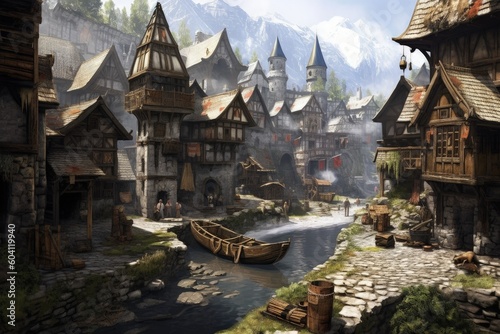 Medieval village with boats and river, historical concept, digital illustration. Generative AI