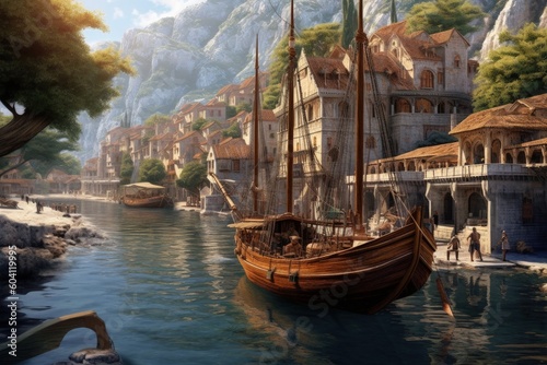 Medieval village with boats and river, historical concept, digital illustration. Generative AI