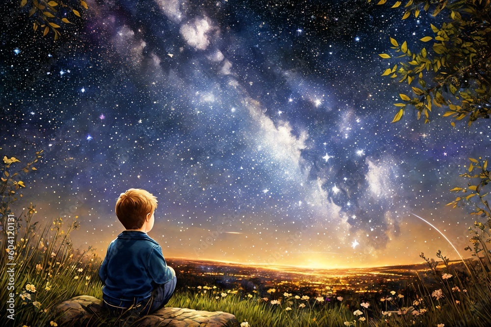 Starry Night Prayer: A Boy's Hopeful Gaze. AI Generated.
