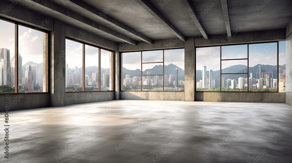 Empty loft style room with concrete floor and city view. Generative Ai Empty loft style room with concrete floor and city view. Generative Ai