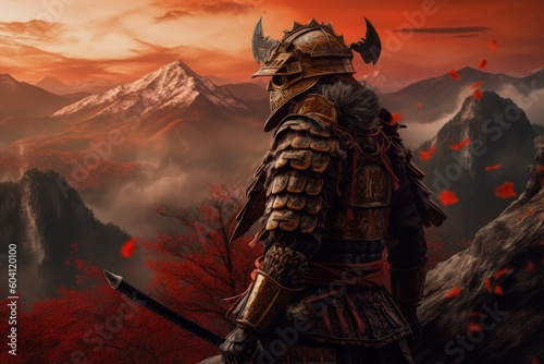 Landscape with samurai warrior, mountains in background. Generative AI