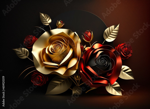 3d wallpaper with golden and red roses on a black background