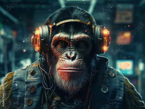 A Cyberpunk Chimpanzee in a Neon City at Night | Generative AI