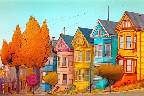 House Price Graph In Colorful Houses Shape, Happy Autumn. Generative Ai