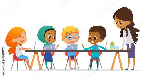 Multicultural kids and friendly female teacher talking and learning coding during computer science lesson. The concept of inclusive education in school. Vector illustration for the site, advertising.