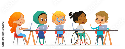 Multicultural children sitting at laptops and learning coding during informatics lesson. School inclusive education concept. Vector illustration for website, advertisement.