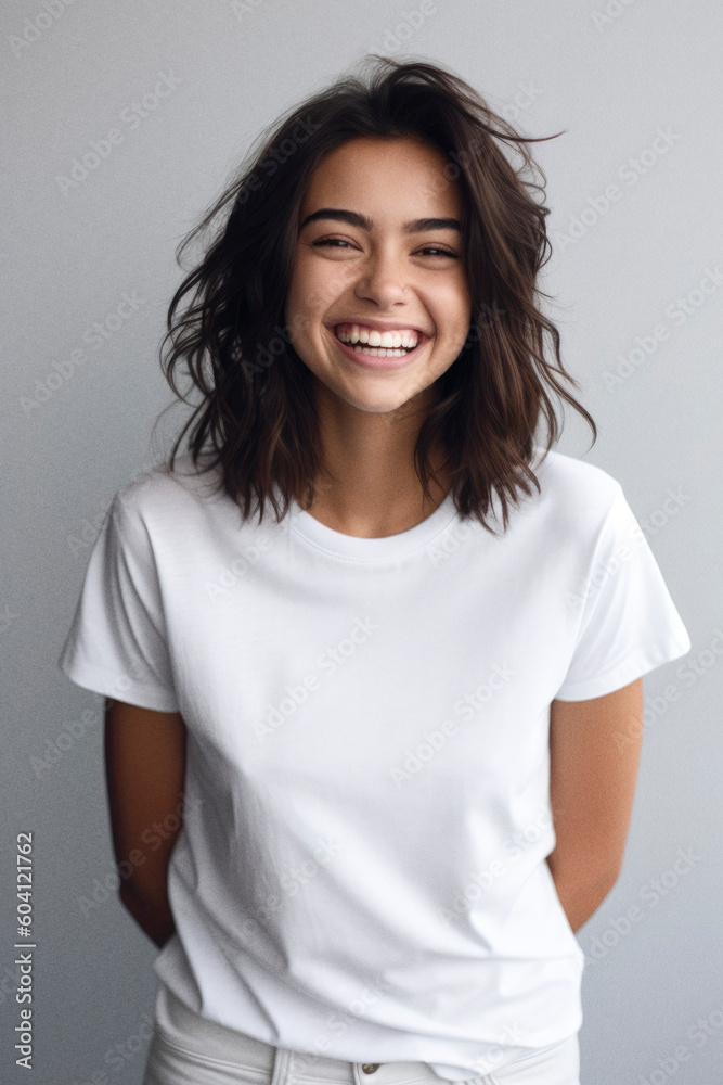 young woman smiling wearing a t-shirt in studio. Generative AI young woman smiling wearing a t-shirt in studio. Generative AI