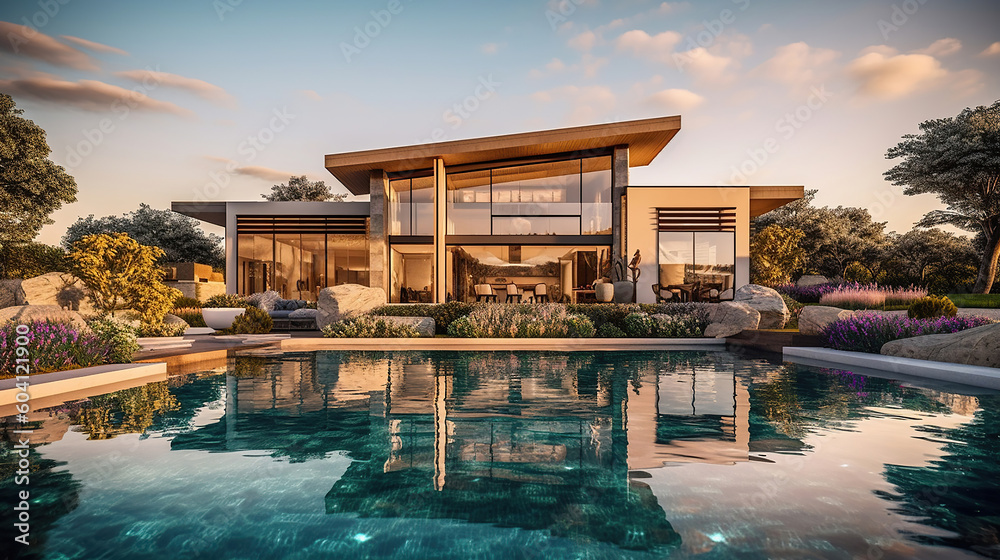 Beautiful Luxury Home with Swimming Pool at Sunset. Generative Ai
