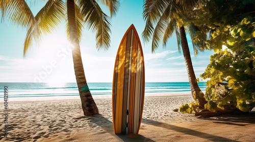 Surfboard and palm tree on beach with beach sign for surfing area. Generative Ai © PRI