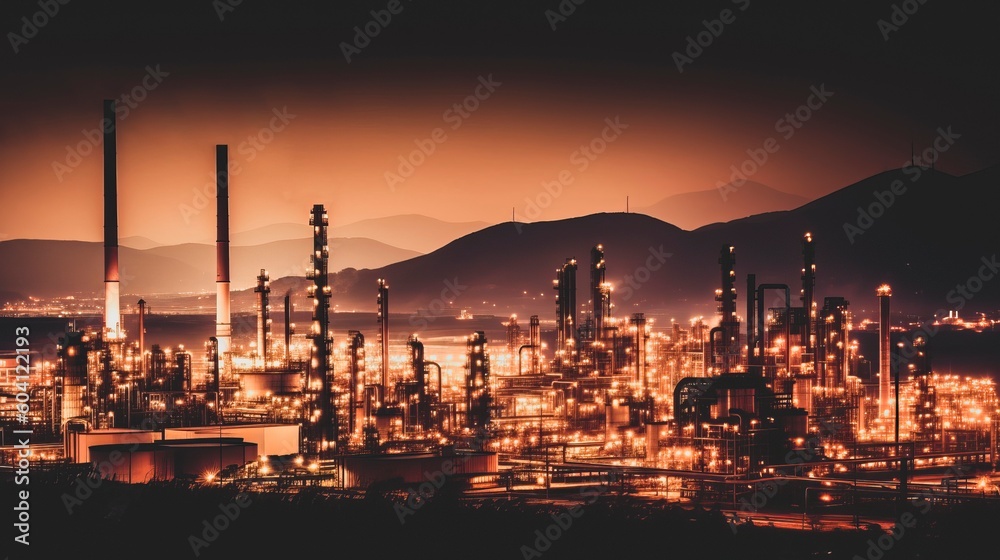 An oil refinery at dusk against the backdrop of mountains. Many lanterns illuminate the factory. Generative Ai