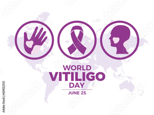 World Vitiligo Day vector illustration. Purple awareness ribbon, hand, head silhouette icon vector. June 25 each year. Important day