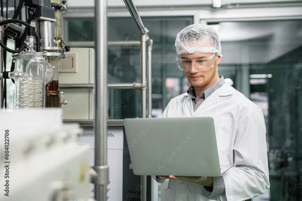 A researcher is investigating quality and analyzing cannabis plants. Herbal alternative for medicine. Scientist extracting cannabis oil in a laboratory. A researcher is investigating quality and analyzing cannabis plants. Herbal alternative for medicine. Scientist extracting cannabis oil in a laboratory.