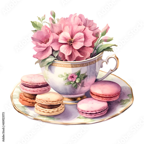 Vintage Teacups Watercolor Clipart, afternoon tea, tea party, made with generative AI