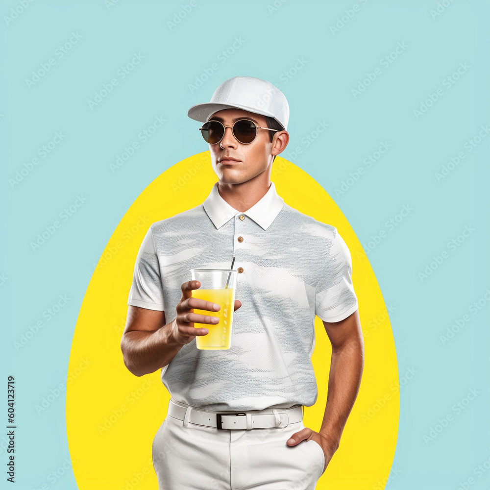 Fashionable Golfer Guy Holding a Drink Against a Blue Background