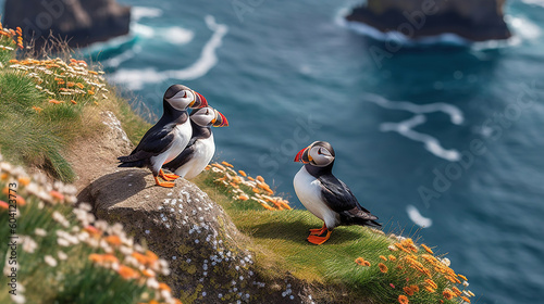 Beautiful vibrant picture of Atlantic Puffins. Generative Ai