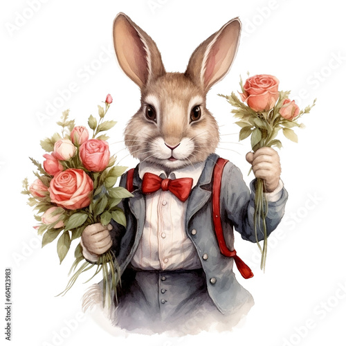 Vintage Rabbit with Roses Watercolor Clipart Illustration, made with generative AI