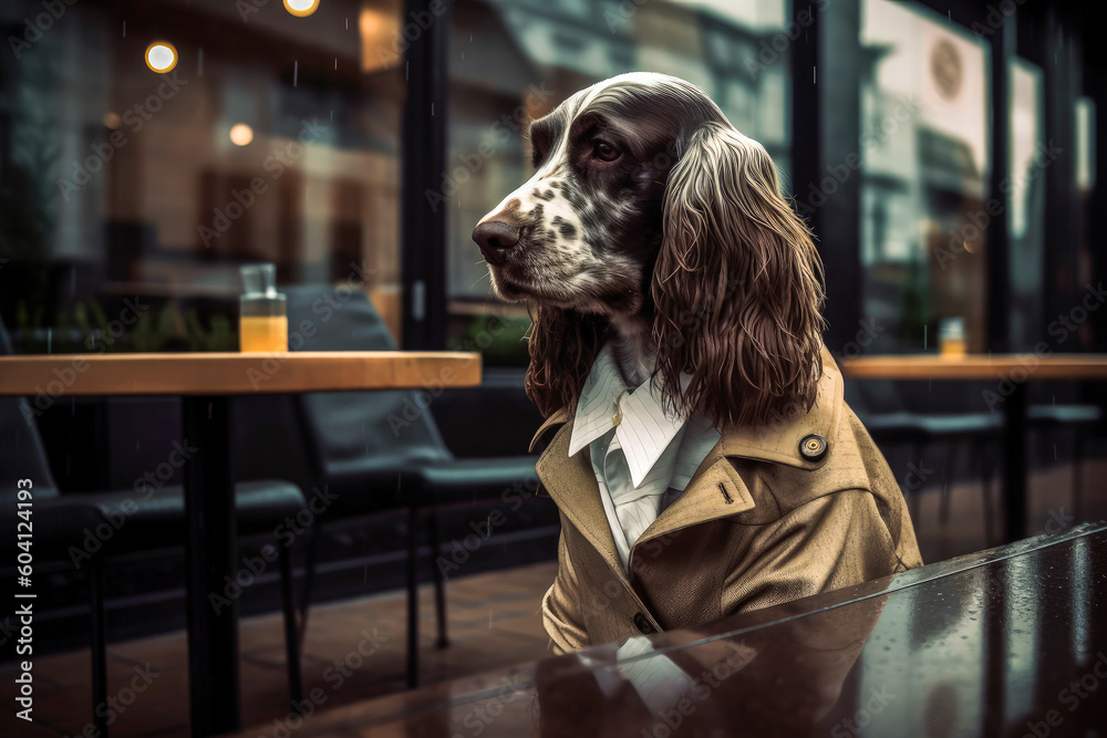 Generative AI illustration of an English cocker spaniel dog sitting at the table of a typical classic English bar drinking