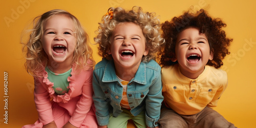 A group of cute kids laughing together, pop color banner, school design theme - Generative AI