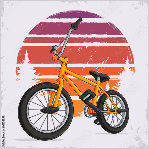Hand drawn BMX bicycle, yellow BMX bike against retro vintage sunset with trees and grunge