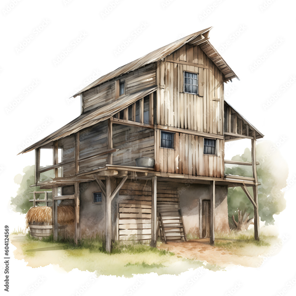 Rustic Farm Barn Watercolor Clipart Illustration, made with generative AI Rustic Farm Barn Watercolor Clipart Illustration, made with generative AI