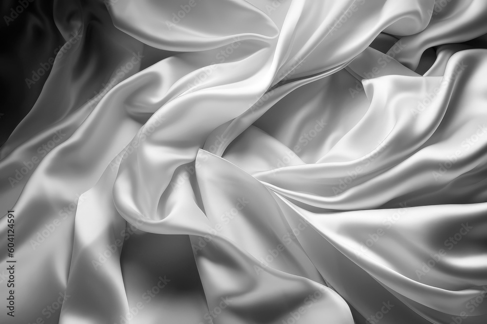 Generative AI illustration of Pure White satin fabric floating in the air from above view with movement on white background Generative AI illustration of Pure White satin fabric floating in the air from above view with movement on white background