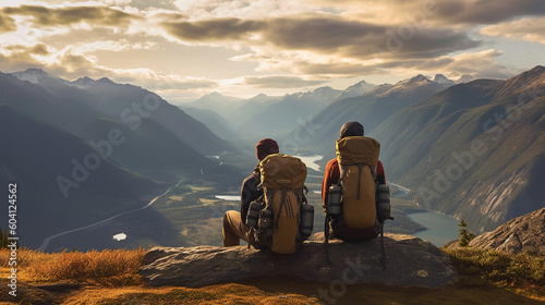 Hikers with backpacks relaxing on top of a mountain and enjoying the view of valley at sunset. Generative Ai © PRI