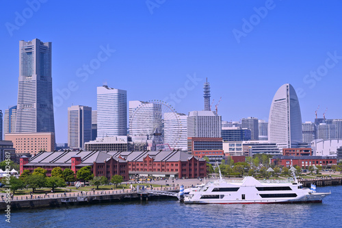 cityscape of skyline Yokohama and Yokohama Port city with blue sky background  Minatomirai area in Yokohama city  Kanagawa  Japan