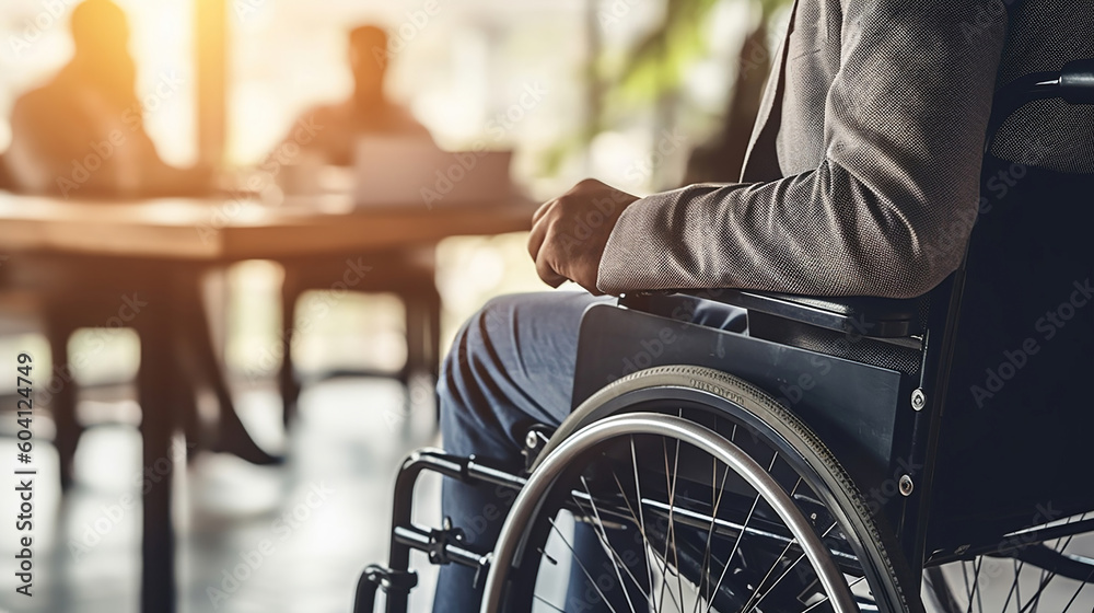 Disabled Man on Wheelchair in Office. Generative Ai Disabled Man on Wheelchair in Office. Generative Ai